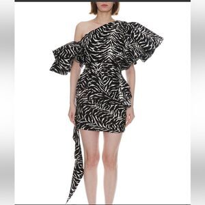 REDEMPTION RUFFLED ZEBRA-PRINT DRESS structured cocktail mini $2146 L 12